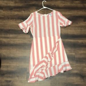 Ruffle hem coral pink and cream dress